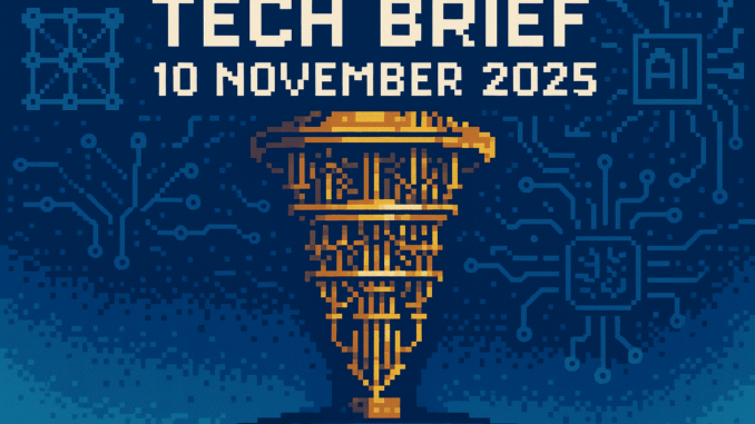 Tech Brief 10 November 2025 featuring an 8-bit pixel art image of a futuristic quantum computer and symbols of AI technologies with the title in a distinct pixelated style.
