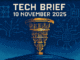 Tech Brief 10 November 2025 featuring an 8-bit pixel art image of a futuristic quantum computer and symbols of AI technologies with the title in a distinct pixelated style.