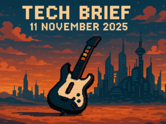 Tech Brief 11 November 2025 features an 8-bit pixel art style image representing a daily tech news digest including a pixelated plastic guitar, a futuristic cityscape, and the date displayed in pixel style.