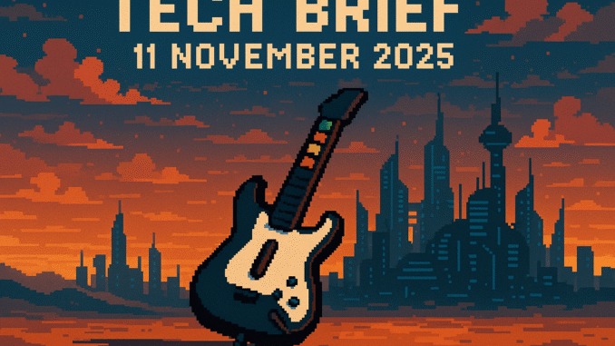 Tech Brief 11 November 2025 features an 8-bit pixel art style image representing a daily tech news digest including a pixelated plastic guitar, a futuristic cityscape, and the date displayed in pixel style.