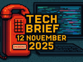 Tech Brief 12 November 2025 pixel art image featuring an old-style emergency telephone in bright colours with a glitchy computer screen in the background, symbolising the digital urgency and tech resilience discussed in the brief.