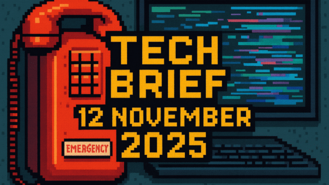 Tech Brief 12 November 2025 pixel art image featuring an old-style emergency telephone in bright colours with a glitchy computer screen in the background, symbolising the digital urgency and tech resilience discussed in the brief.