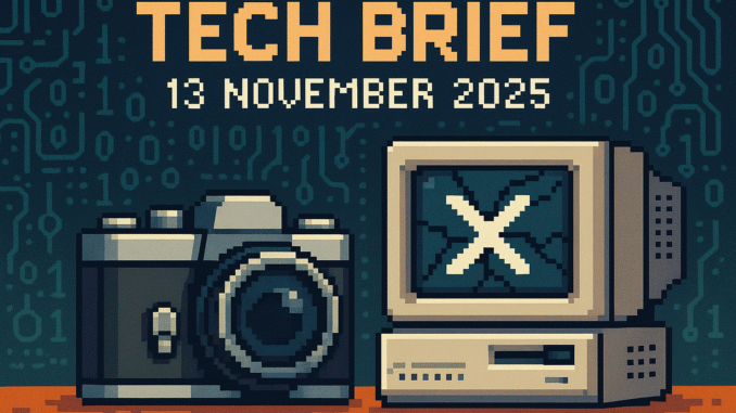Tech Brief 13 November 2025 in an 8-bit pixel art style with visuals of an analogue camera, a broken computer, and a background of digital symbols.