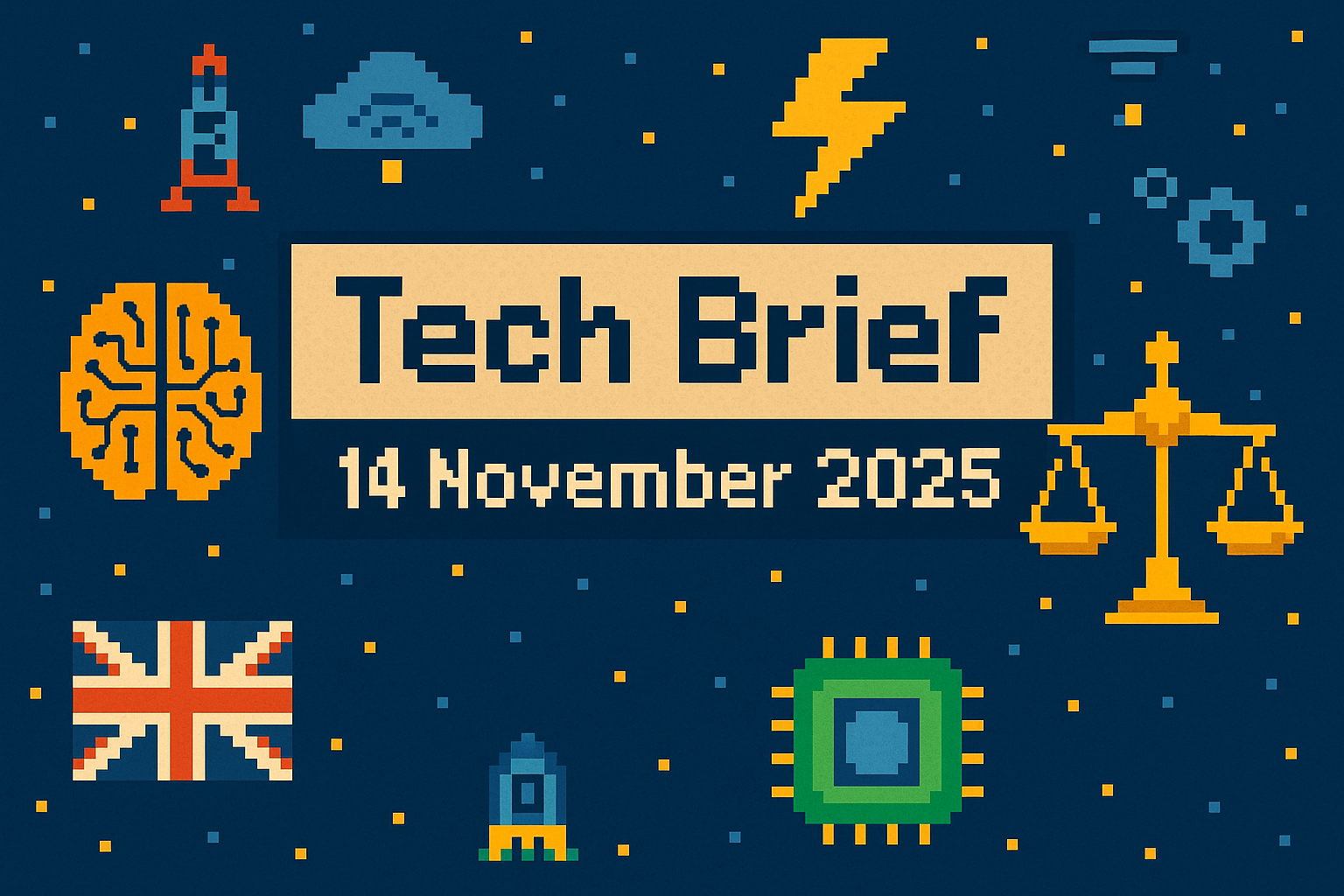 Tech Brief 14 November 2025 pixel art featuring symbols of AI development, power infrastructure, and legal aspects linked to UK tech advancements, with the date displayed in pixelated text
