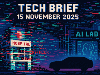 Tech Brief 15 November 2025 depicted in an 8-bit pixel art style showing a chaotic digital scene with a hospital under cyberattack, a silhouetted car, and a futuristic AI lab, all under the title in pixelated text.