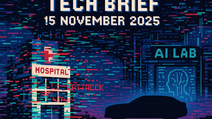 Tech Brief 15 November 2025 depicted in an 8-bit pixel art style showing a chaotic digital scene with a hospital under cyberattack, a silhouetted car, and a futuristic AI lab, all under the title in pixelated text.