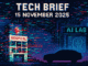 Tech Brief 15 November 2025 depicted in an 8-bit pixel art style showing a chaotic digital scene with a hospital under cyberattack, a silhouetted car, and a futuristic AI lab, all under the title in pixelated text.