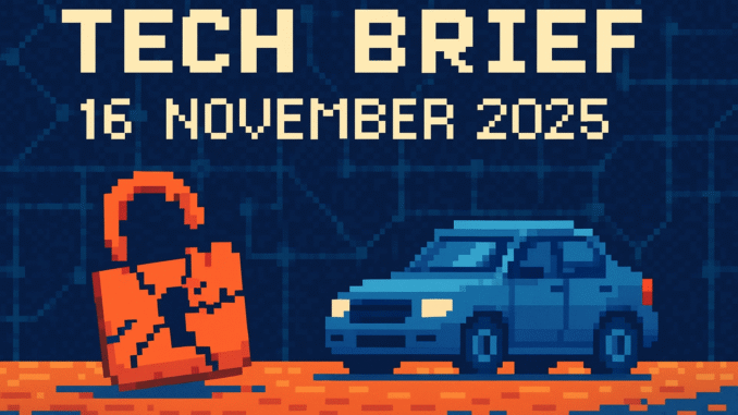 Tech Brief 16 November 2025: An 8-bit pixel art image featuring a broken digital lock and a car, set against a background of a network grid, symbolizing a cyber attack on manufacturing and the interconnected digital threats.