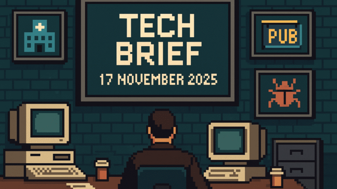 Tech Brief 17 November 2025: An 8-bit pixel art image of a retro tech newsroom featuring symbols of medical technology, pub, and cybersecurity on various screens with central text displaying the date.