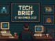 Tech Brief 17 November 2025: An 8-bit pixel art image of a retro tech newsroom featuring symbols of medical technology, pub, and cybersecurity on various screens with central text displaying the date.