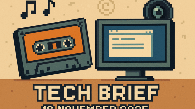 Tech Brief 18 November 2025: A pixel art image featuring a vintage cassette and a modern computer screen, symbolising the intersection of old and new technology, accented with musical notes and a camera lens.