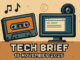 Tech Brief 18 November 2025: A pixel art image featuring a vintage cassette and a modern computer screen, symbolising the intersection of old and new technology, accented with musical notes and a camera lens.