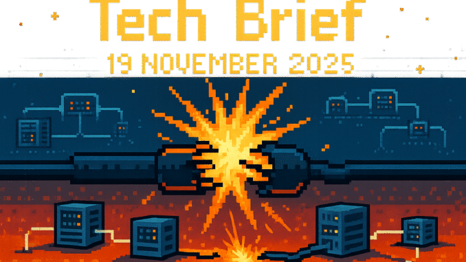 Tech Brief 19 November 2025 featured image shows an 8-bit pixel art landscape with a network of servers and cables, central cables visibly snapping, with text displaying the date in pixelated style.