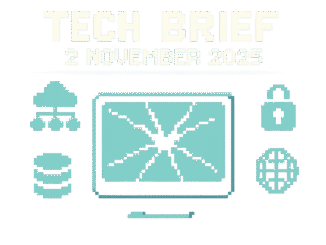 Tech Brief 2 November 2025 featuring an 8-bit pixel art image of a cracked digital screen representing digital trust issues with background icons of diverse tech systems.