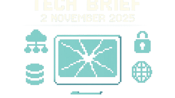 Tech Brief 2 November 2025 featuring an 8-bit pixel art image of a cracked digital screen representing digital trust issues with background icons of diverse tech systems.