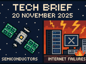 Tech Brief 20 November 2025 showing a pixel art landscape with a satellite equipped with microchips on one side and crashing network servers on the other.