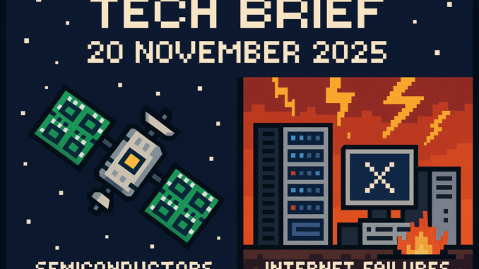 Tech Brief 20 November 2025 showing a pixel art landscape with a satellite equipped with microchips on one side and crashing network servers on the other.