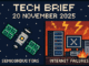 Tech Brief 20 November 2025 showing a pixel art landscape with a satellite equipped with microchips on one side and crashing network servers on the other.