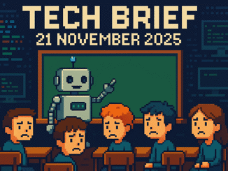 Tech Brief 21 November 2025 features an 8-bit pixel art image of an AI robot teaching perplexed students in a digitally enhanced classroom, with the event date displayed in pixel art text.