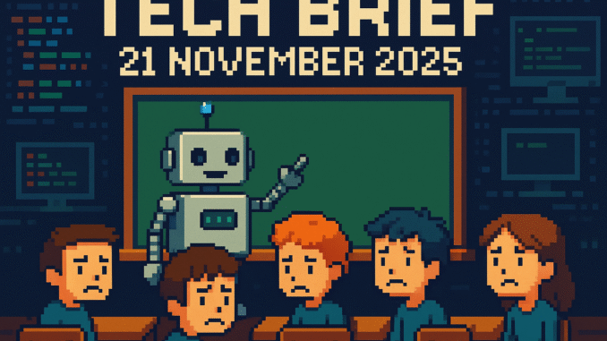 Tech Brief 21 November 2025 features an 8-bit pixel art image of an AI robot teaching perplexed students in a digitally enhanced classroom, with the event date displayed in pixel art text.
