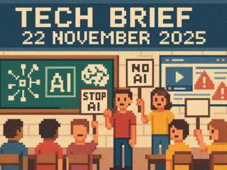 Tech Brief 22 November 2025 portrayed as an 8-bit pixel art image, featuring a digital classroom scene with AI and online safety symbols, and students holding protest signs