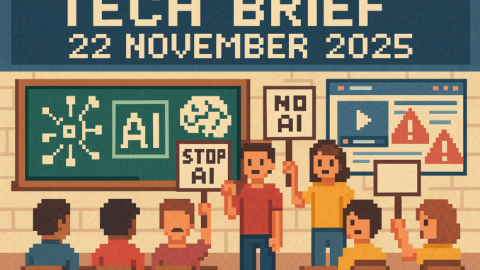 Tech Brief 22 November 2025 portrayed as an 8-bit pixel art image, featuring a digital classroom scene with AI and online safety symbols, and students holding protest signs
