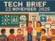 Tech Brief 22 November 2025 portrayed as an 8-bit pixel art image, featuring a digital classroom scene with AI and online safety symbols, and students holding protest signs