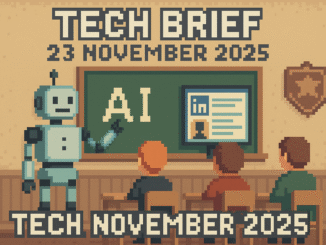 Tech Brief 23 November 2025: An 8-bit pixel art image showcasing a robot teaching in a classroom, a LinkedIn profile on a computer, and a police badge, representing themes of education automation, professional networks, and cybercrime policing.