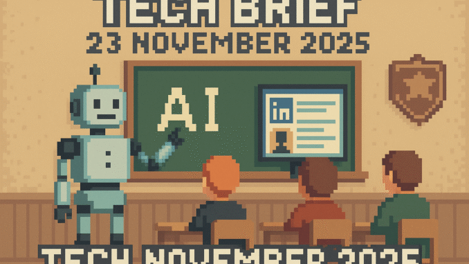 Tech Brief 23 November 2025: An 8-bit pixel art image showcasing a robot teaching in a classroom, a LinkedIn profile on a computer, and a police badge, representing themes of education automation, professional networks, and cybercrime policing.