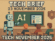 Tech Brief 23 November 2025: An 8-bit pixel art image showcasing a robot teaching in a classroom, a LinkedIn profile on a computer, and a police badge, representing themes of education automation, professional networks, and cybercrime policing.