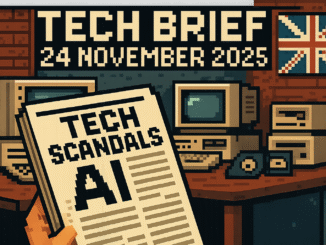Tech Brief 24 November 2025 represented in an 8-bit pixel art style showing a vintage British computer lab with old computers and tapes, highlighting themes of AI and British tech innovation.