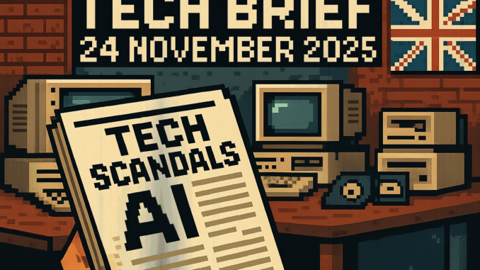 Tech Brief 24 November 2025 represented in an 8-bit pixel art style showing a vintage British computer lab with old computers and tapes, highlighting themes of AI and British tech innovation.