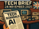 Tech Brief 24 November 2025 represented in an 8-bit pixel art style showing a vintage British computer lab with old computers and tapes, highlighting themes of AI and British tech innovation.