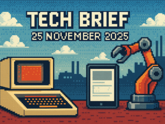 Tech Brief 25 November 2025 presents an 8-bit pixel art depiction of UK's evolving technology from vintage computers to modern robotics amid digital clouds and factory silhouettes.