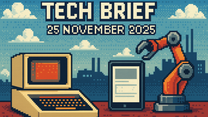 Tech Brief 25 November 2025 presents an 8-bit pixel art depiction of UK's evolving technology from vintage computers to modern robotics amid digital clouds and factory silhouettes.