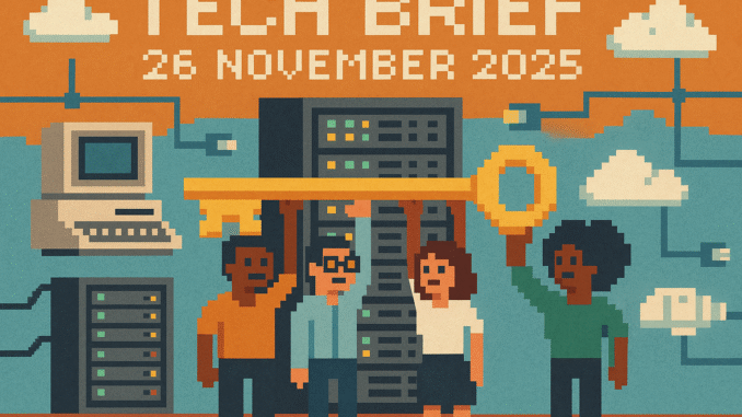 Tech Brief 26 November 2025 pixel art featuring a symbolic server room with figures holding a large key, background icons of vintage computer and digital elements, with prominent text.