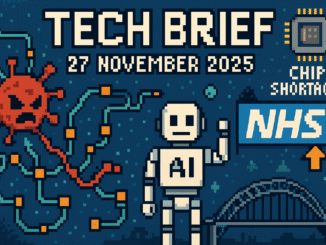 Tech Brief 27 November 2025 pixel art featuring a digital network under cyberattack with an AI robot and NHS digital upgrades, including background elements of chip shortages and engineering feats