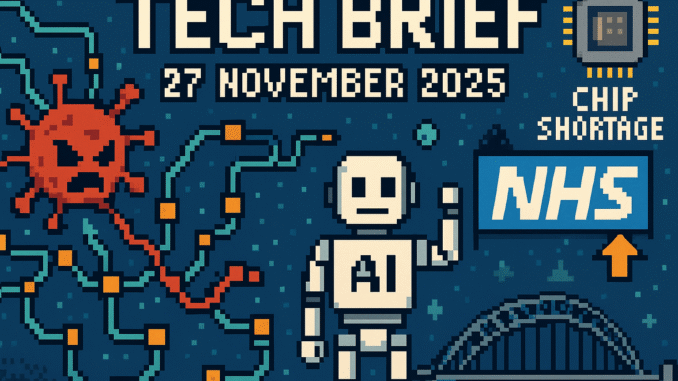 Tech Brief 27 November 2025 pixel art featuring a digital network under cyberattack with an AI robot and NHS digital upgrades, including background elements of chip shortages and engineering feats