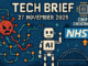 Tech Brief 27 November 2025 pixel art featuring a digital network under cyberattack with an AI robot and NHS digital upgrades, including background elements of chip shortages and engineering feats