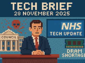 Tech Brief 28 November 2025 featuring an 8-bit pixel art news desk scene with symbols of cyber-attacks on a council building, updates in NHS tech, and DRAM shortages, with the title text Tech Brief 28 November 2025 in pixelated font.