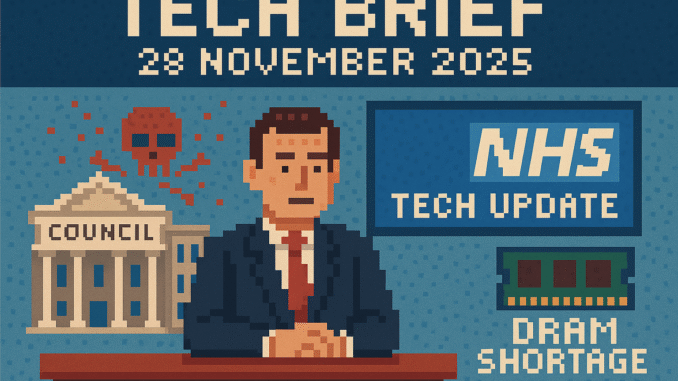 Tech Brief 28 November 2025 featuring an 8-bit pixel art news desk scene with symbols of cyber-attacks on a council building, updates in NHS tech, and DRAM shortages, with the title text Tech Brief 28 November 2025 in pixelated font.