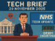 Tech Brief 28 November 2025 featuring an 8-bit pixel art news desk scene with symbols of cyber-attacks on a council building, updates in NHS tech, and DRAM shortages, with the title text Tech Brief 28 November 2025 in pixelated font.