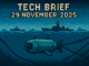 Tech Brief 29 November 2025 features an 8-bit pixel art image of a submarine drone navigating around undersea cables with naval ships in the background and pixelated text above.