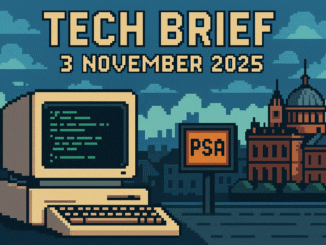Tech Brief 3 November 2025 illustrated in 8-bit pixel art style, featuring an open source code on a retro computer, a pixelated government building and UK cityscape, highlighting public sector technology.