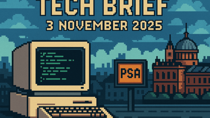 Tech Brief 3 November 2025 illustrated in 8-bit pixel art style, featuring an open source code on a retro computer, a pixelated government building and UK cityscape, highlighting public sector technology.