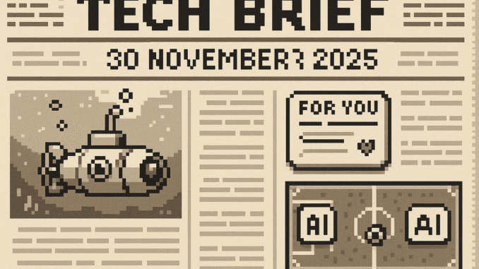 Tech Brief 30 November 2025 displays a pixel art image featuring a submarine drone, a simplified representation of a social media interface, and a football pitch, all merging on a newspaper-styled background, emphasizing the influence of AI across different sectors.