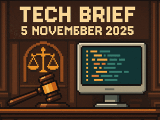Tech Brief 5 November 2025 pixel art image shows a digital courtroom with a gavel and a computer screen displaying code, symbolising the intersection of law and AI technology.