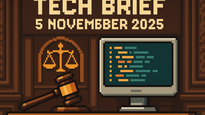 Tech Brief 5 November 2025 pixel art image shows a digital courtroom with a gavel and a computer screen displaying code, symbolising the intersection of law and AI technology.