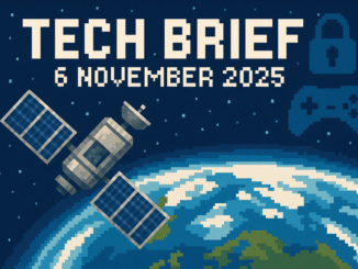 Tech Brief 6 November 2025 showcasing an 8-bit pixel art image with a satellite orbiting Earth, security lock, and gaming joystick against a tech news background.