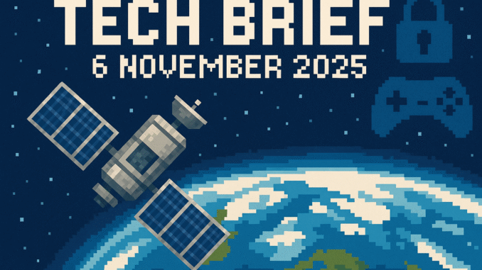 Tech Brief 6 November 2025 showcasing an 8-bit pixel art image with a satellite orbiting Earth, security lock, and gaming joystick against a tech news background.